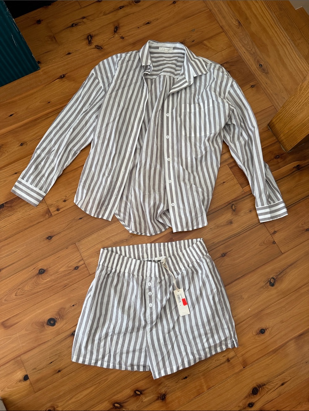 Z supply striped Cotton lounge Pajama Set - taupe Gray & White Women's Sleepwear